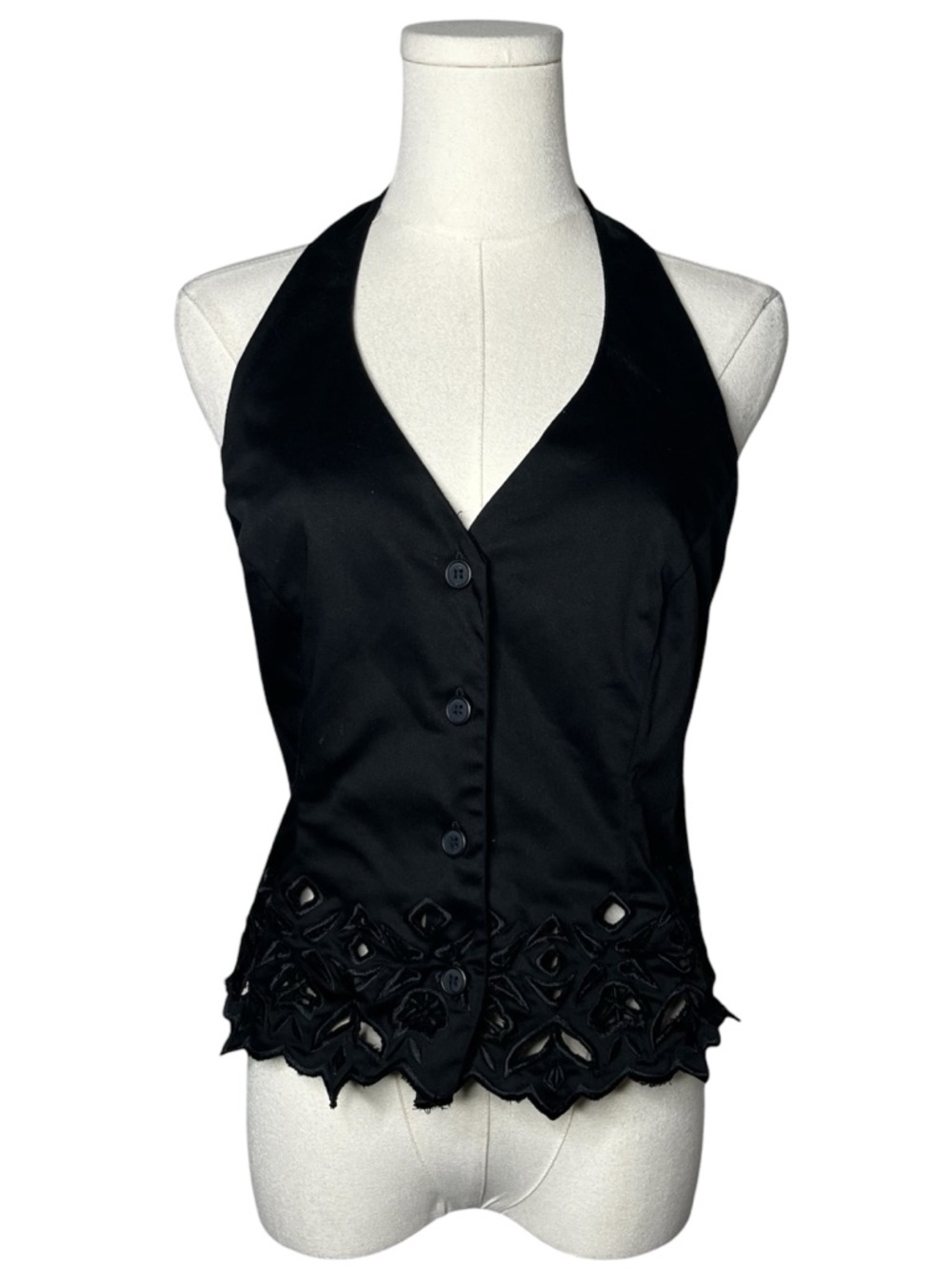 Y2K Vintage Cache Black Floral Cutout Halter Button Front Vest Top Whimsigoth